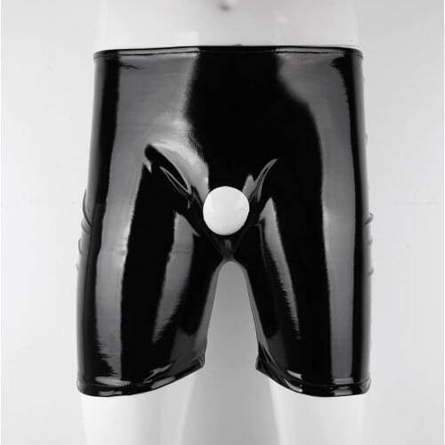 Men Shiny Black Soft Patent Leather Open Penis Hole Long Leg Boxer Shorts Panties Male Sissy Erotic Sexy Short Pants Underwear