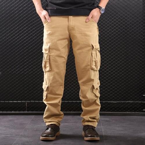 2021 Mens Loose Straight Multi-Pocket Cargo Pants Youth Autumn New Wear-Resistant Cotton Overalls