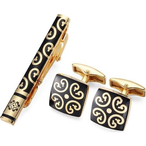A set of new high-end brand black enamel gold pattern Cufflinks tie clip men French shirt Cufflinks Tie Clip box Free Shipping