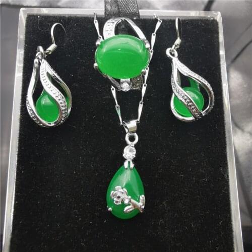 Jadery Vintage Stainless Steel Necklace/Earrings/Ring Jewelry Set Green Stone Chalcedony Women jewellery Gifts Black Friday 2019