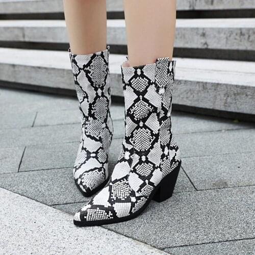 2019 New Brand women boots pointed toe wedges shoes autumn winter boots short ladies Western boots for women Snake Leather Boots