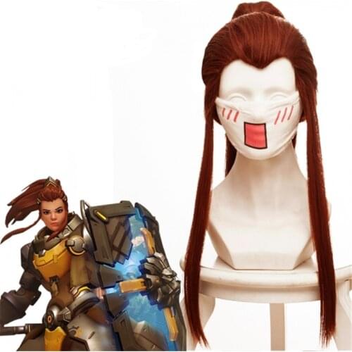 Hot Game OW DVA Brigitte Wig Red Brown Cauda Long Wig Cosplay Adult Women Long Horsetail Hair Halloween Cosplay Wigs