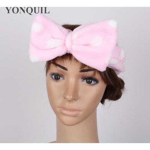Womens Big Bow Polka Dot Stripe Headbands Elastic Hair Coral Velvet Bath Beauty Shower Hairband Wash Face Makeup Band 12pcs/lot