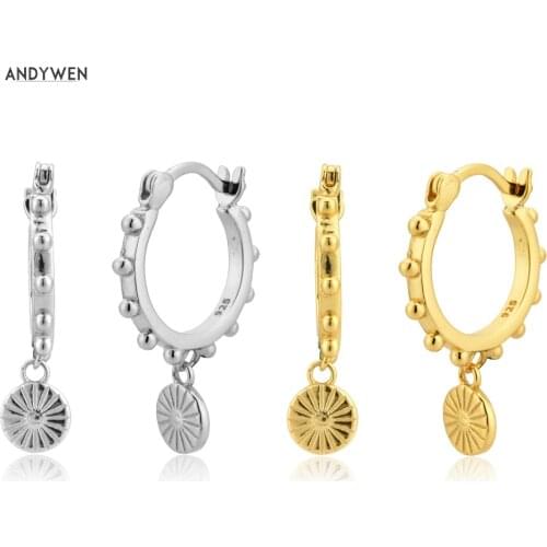 ANDYWEN 925 Sterling Silver Gold Coins Drop Earring 10.5mm Piercing Rund Luxury Jewelry 2020 Rock Punk Circle Pendientes