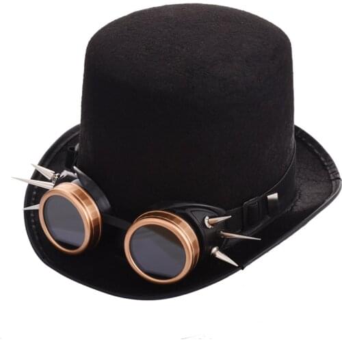 Gothic Unisex Steampunk Top Hat With Rivet Goggles Halloween Cosplay Fedora Goggle Hat Retro Vintage Accessories