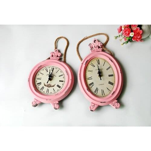 Nordic Nostalgic Hemp Rope Wall Clock Pink Retro Round Wooden Get Old Paint Drop Hanging Small Clocks Home Decoration Crafts