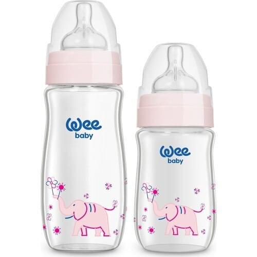 Wee Baby Classic Plus Wide Toe Heat Resistant Glass Baby Bottle 2'li (180 + 280 ml) pink blue white hygienic, easy to clean