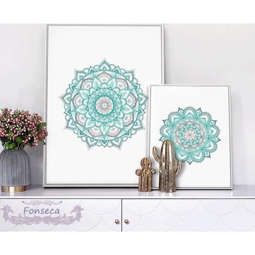 Teal Gray Mandala Flower Pattern Wall Art Canvas Painting Bohemian Posters Abstract Pictures for Bathroom Living Room Home Decor