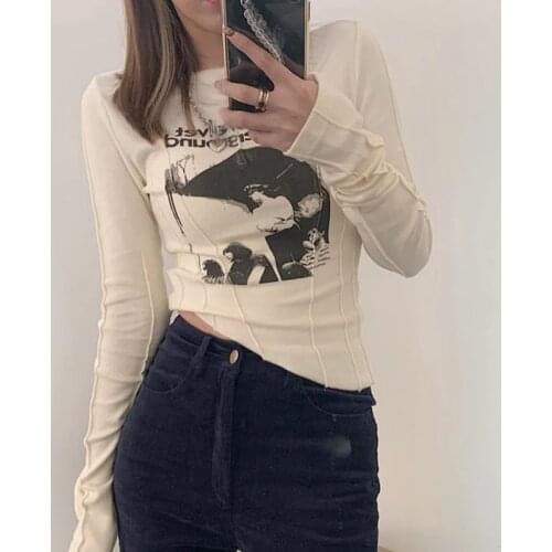 Casual Slim T-shirt For Women O Neck Long Sleeve Sexy Crop Top Grunge Letters Print Female Korean Fashion Clothing 2021