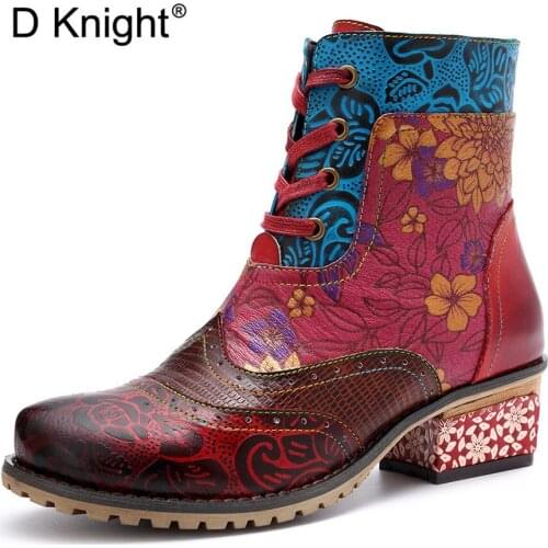 2019 Winter New Retro Women Western Boots Ethnic Genuine Leather Ankle Boots Shoes For Woman Printed Heels Womens Cowboy Boots