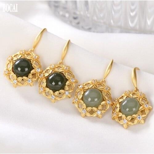 2020 BOCAI 100% real S925 pure silver gold-plated high quality flowers natural jasper Flower temperament ladies earrings silver