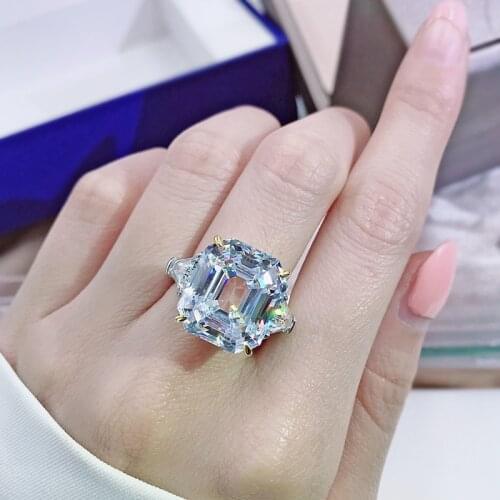 925 Sterling Silver Luxury Emerald Cut 14x16mm High Carbon Simulation Colored Diamonds Female Senior Engagement Ring