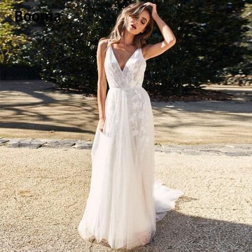 Booma Wedding Dresses Tulle 2019 Lace Beach Wedding Gowns V-neck Sleeveless Backless Boho Bridal Gowns Country gelinlik Simple