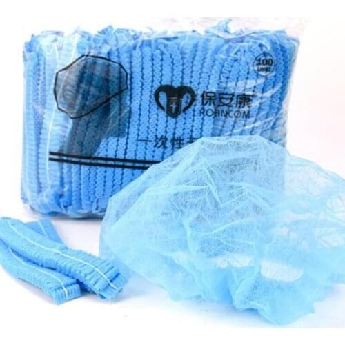 100pcs Disposable Non-Woven Strip Hat Hotel Workshop Dust Cap Blue White Shower Cap