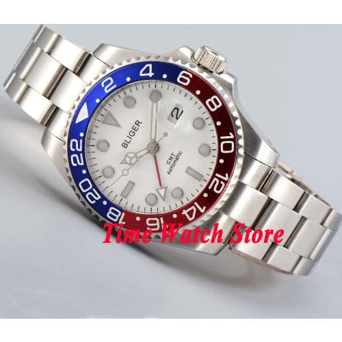 Bliger 40mm GMT 3804 automatic mens watch sapphire glass white dial luminous blue aluminum Bezel waterproof