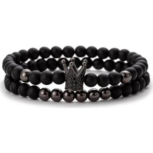 Trendy Charm Mens Womens Couple Beaded Bracelets Jewelry Natural Stone Micro-zirconia Crown Shape Charm Bracelet Set Gift