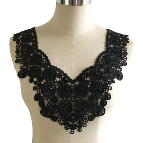 Black and white fake collar embroidery applique fabric decoration pearl sewing DIY craft supplies accessories 1 piece for sale