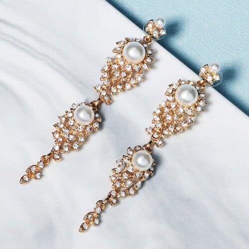 Efily Fashion Rhinestone Earrings for Women Accessories Luxury Pearl Gold Long Bridal Wedding Drop Earring Party Jewelry Gifts