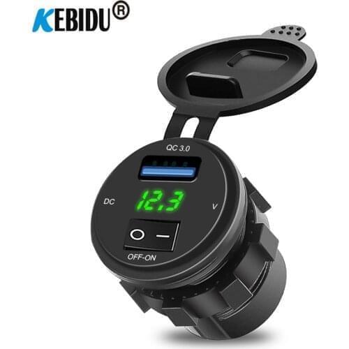 KEBIDU 18W Phone QC 3.0 Car Charger Socket Digital Display Voltmeter DC 12V-24V USB Charge Socket ON-OFF Switch for Motorcycle