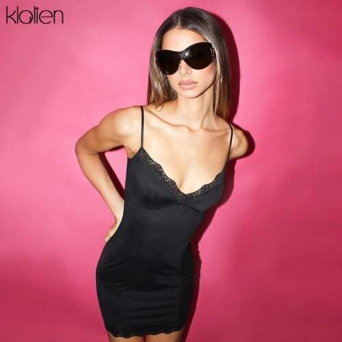 KLALIEN Fashion Sexy Black Lace Up V Neck Slim Camisole Mini Dress Women Summer Casual Party Vacation Rib Knit Dress Female
