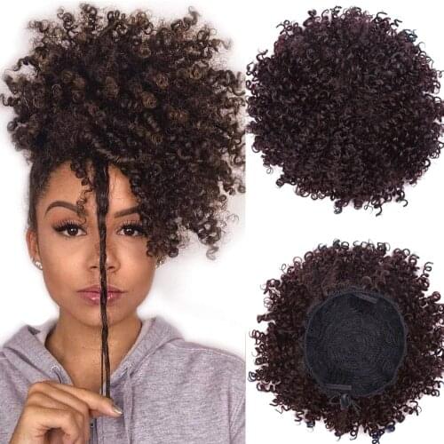 Short Afro Puff Kinky Curly Drawstring Ponytail Wig Fake Hair Bun Chignon Updo Synthetic HairPiece for Black Women Kids