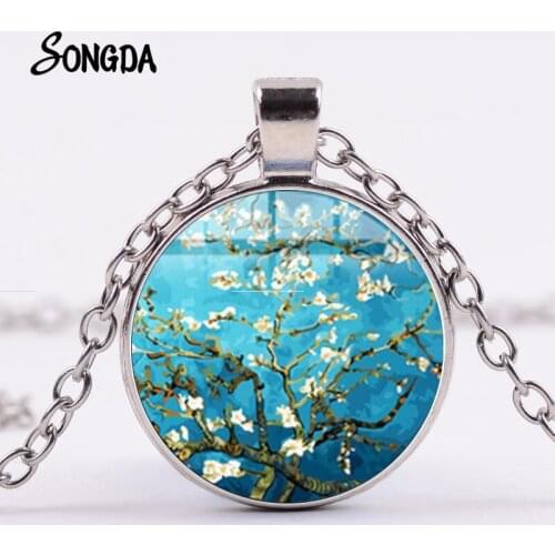 Hot Van Gogh Almond Branch Bloom Necklace Sunflower Classic Painting Art Pendants Crystal Time Gem Birthday Gift Jewelry