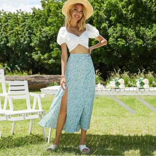 Fashion Summer Print Skirt Women’s Boho Split Casual Mid-length Skirt Y2K Floral High-waist Elegant A-line Beach Party Skirt