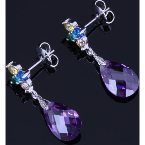 Fancy Water Drop Multigem Multicolor Purple Cubic Zirconia Silver Plated Drop Dangle Earrings V1033