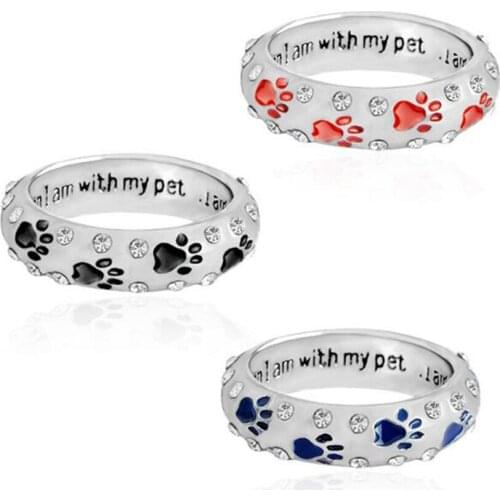 New Cute Chic Pet Dog Claw Rings For Women Crystal Rhinestone Alloy When I Am with My Pet Printed Rings