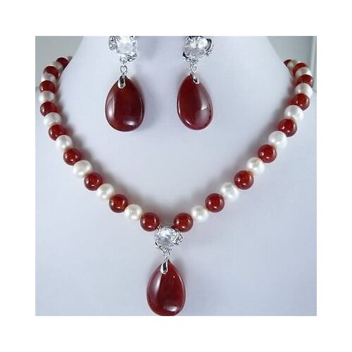 NEW jewelry choker natural pearl jewelry White Akoya Cultured White Pearl And Red gem Necklace Earring Set Bridal