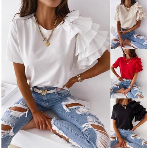 Solid Color Ruffles Short Sleeve Tshirt Women Elegant Ladies Tops Tee Shirt Femme Vintage T Shirt Korean Style T-shirt Women2021