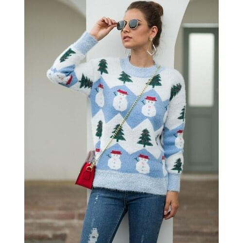 Autumn 2021 Xmas Sweter Women Knit Sweater Christmas Tree Snowman Pattern Pullover Hoodies