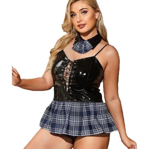 Sexy Lingerie Checkered Leather Bow PU Mirror Students Dressed In Large Size Uniform Suits Q337