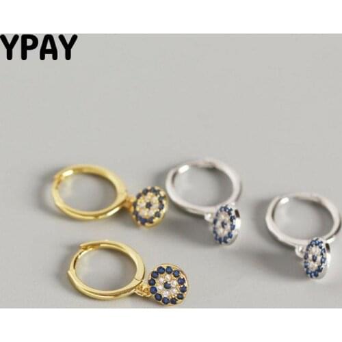YPAY 100% Pure 925 Sterling Silver Earring Women Round Zircon Dainty Blue Evil Eyes Pendant Hoop Earrings Party Jewelry YME556