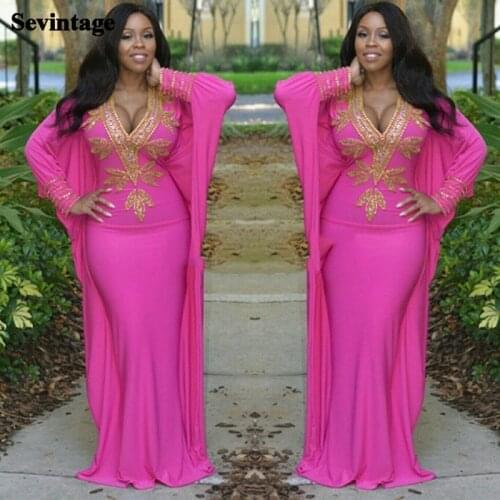 Sevintage Muslim Evening Dresses V-Neck Long Sleeves Hijab Arabic Prom Dress Dubai Gold Beaded Women Formal Kaftan Party Gown
