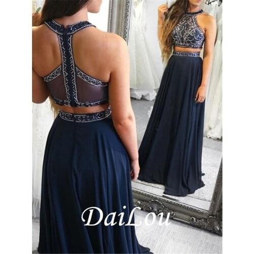 A-Line Sleeveless Halter Chiffon Beading Floor-LengthZipper-Up Prom Dress 2021