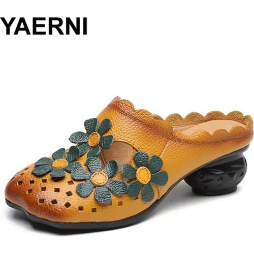 YAERNI Handmade Cow Leather Skin Retro Slippers Women 2017 Flower Hollow Out Strange Stye Heel Cover Toes Women Slides