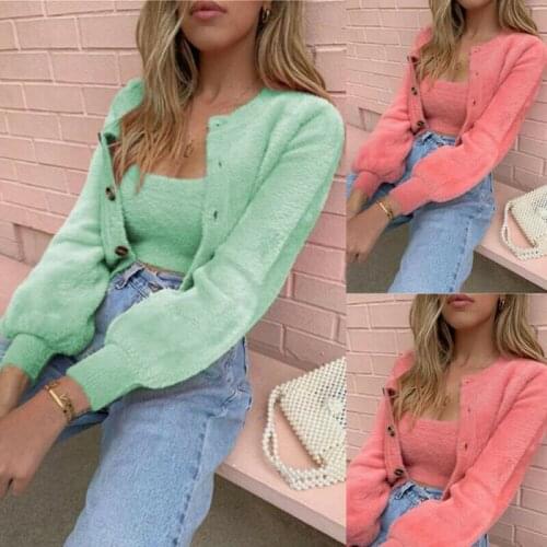 2PCS Winter Womens Sling Button Long Sleeve Coat Sweater Warm Casual Pullover Shirt Short Tops