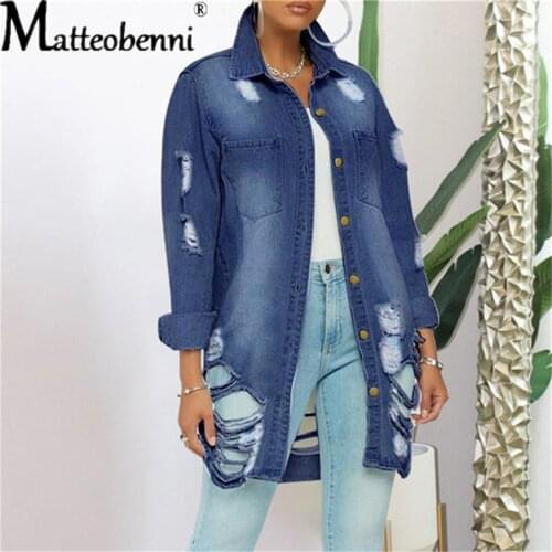 Autumn Winter Women Hole Denim Jacket 2021 Harajuku Boyfriend Wind Jean Jacket Loose Long Sleeve Female Coats Large Size Female