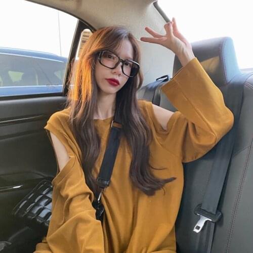 Spring And Autumn Long Paragraph Dew Shoulder T Shirt Woman Pure Color Sweet Girl Wind Caftan Sleeve Loose Lady Bottom Shirt
