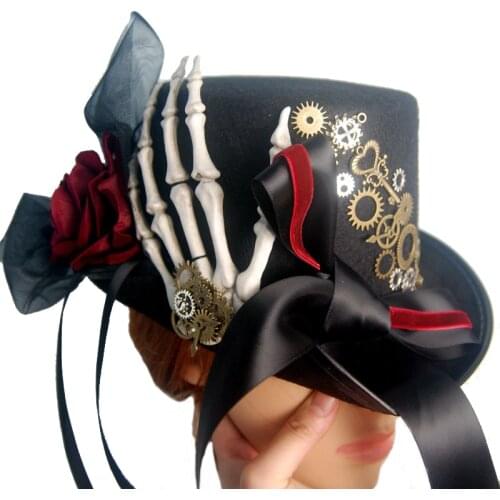 Steampunk Skeleton Hand Hat Punk Gears Ribbon Lace Hats Fedora Gothic Accessories For Man/Women