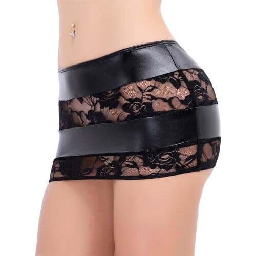 Women Adults See Through Super Mini Skirt Leather Lace Splice Bodycon Babydolls Underwear Sexy Hollow Out Sleepwear Skirts Club