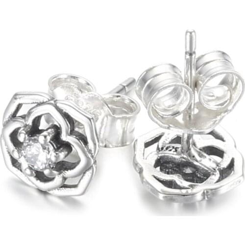 Authentic S925 Silver Rose Petals Stud Earrings For Women Wedding Gift fit Lady Fine Jewelry