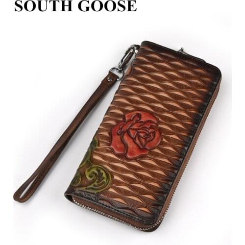 SOUTH GOOSE Women Wallet Genuine Leather High Quality Long Design Clutch Cowhide Wallet Cell Phone Card Holder Female Coin Purse