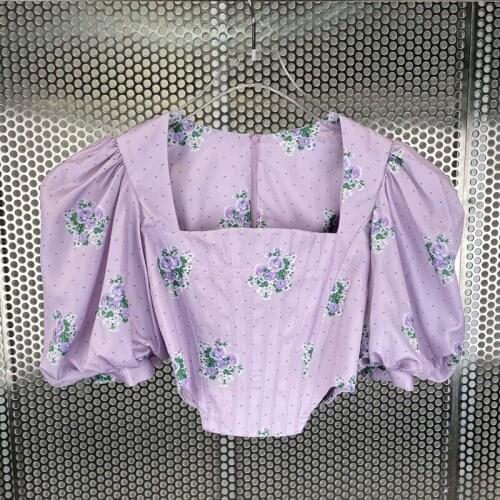 Sexy Casual fashion square neck floral print bubble Short Sleeve Chiffon Top 2021 summer womens new