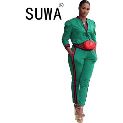 Ribbons Patchwork Women Set Green Color Full Sleeve Sweatsuit Ladies Streetwear 2 Pieces Matching Suit