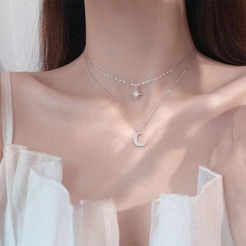 Silver Color Double Layer Star Moon Necklace For Women Clavicle Chain Fine Jewelry Party Wedding Accessories
