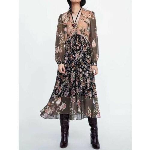 European American Deep V-Neck Floral Contrast Dress Fresh Flowers Sunshine Loose Fashion Trend Delicate Comfortable Simplicity