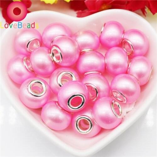 10Pcs Pink Pearl Beads 5MM Large Hole Silver Plated Core Fit For Pandora Bracelet Chain Spacer Pendant Charms Women Hair Beads