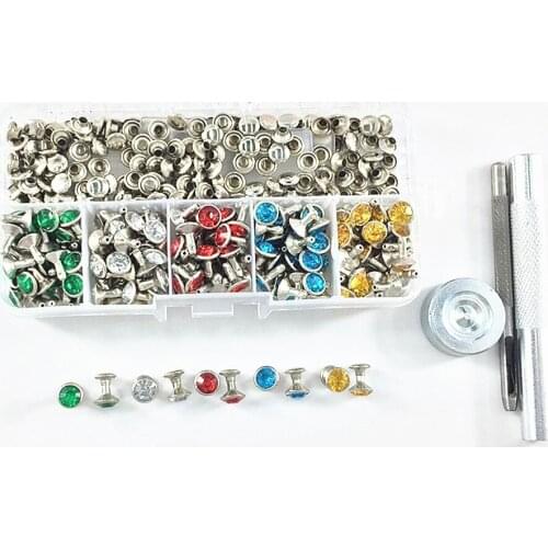 200sets/box Mixed Rhinestone Punk Rivets Studs for Leather Craft Studs and Spikes Rivet Tubular for Clothes DIY With Fixing Set